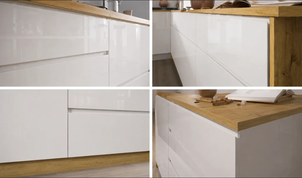 .CARRINI KONYHA MAGASFÉNYŰ AKRYL WHITE ÖSSZEÁLLÍTÁS 300x195 CM Konyhabútor Modern konyhabútor magasfényű frontok közeli részlete