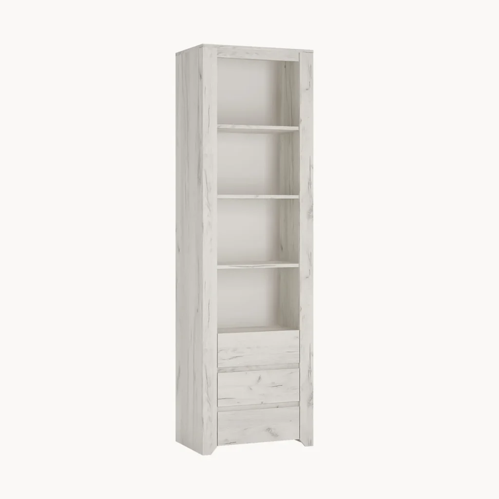 Angel magas polcos szekrény, magas nyitott polcos szekrény 3 fiókkal, White Craft tölgy, 56 × 190,5 × 40,2 cm