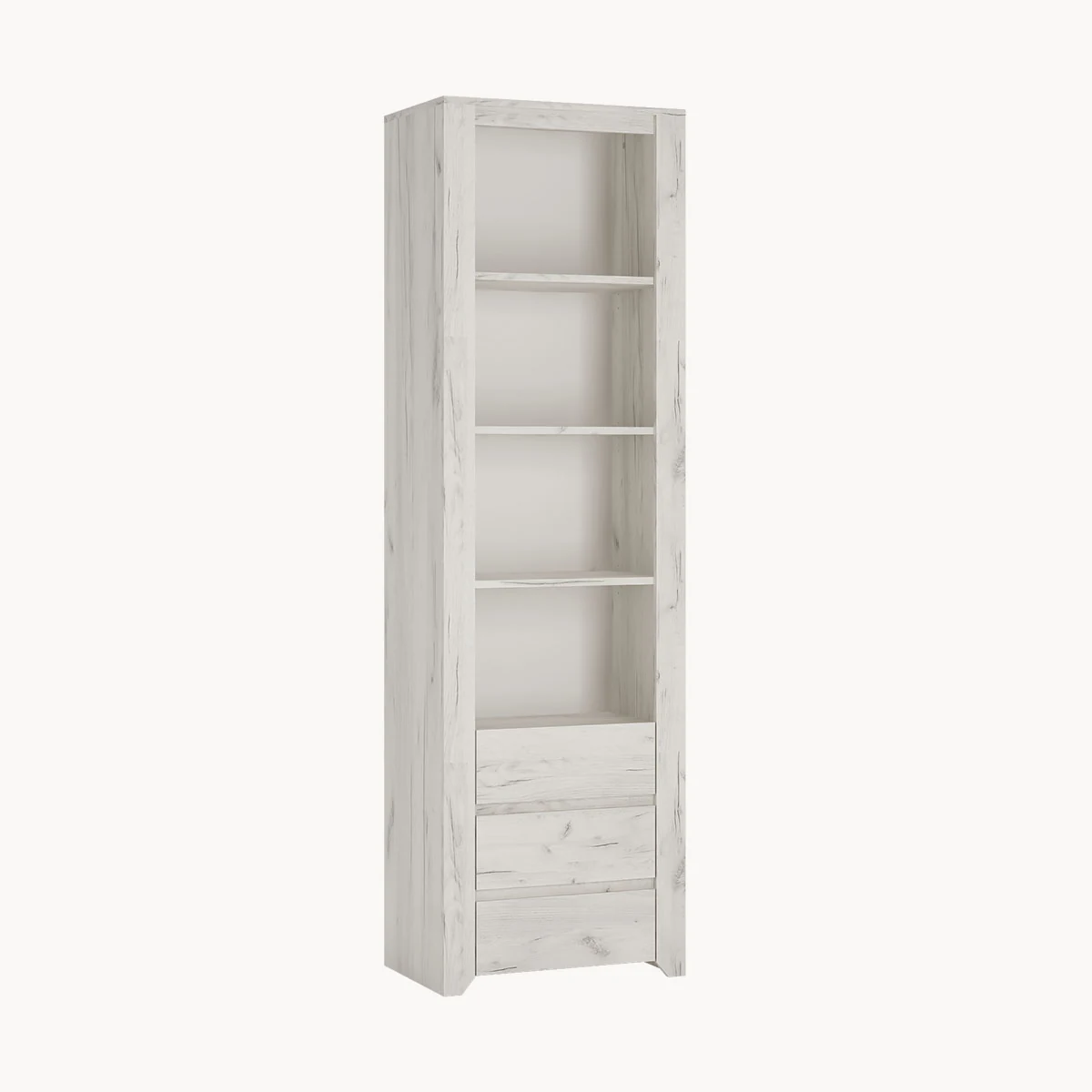Angel magas polcos szekrény, magas nyitott polcos szekrény 3 fiókkal, White Craft tölgy, 56 × 190,5 × 40,2 cm