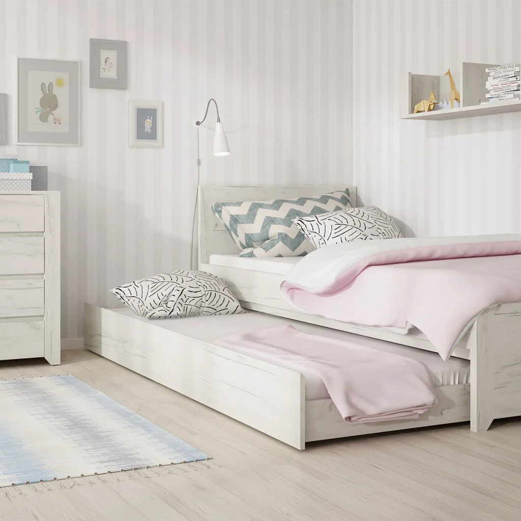 Angel kihúzható ágyfiók berendezett szobában, Angel White Craft tölgy bútor