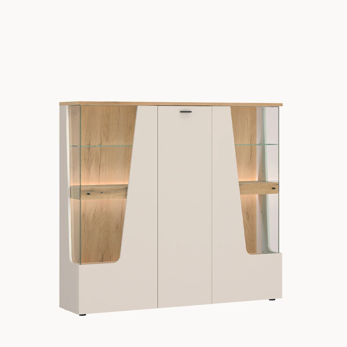 CUT OUT CTUV03 3 ajtós széles vitrin – kasmír és Coast Evoke tölgy kasmír és Coast Evoke tölgy színben, 150 × 140 × 40 cm – modern vitrines szekrény