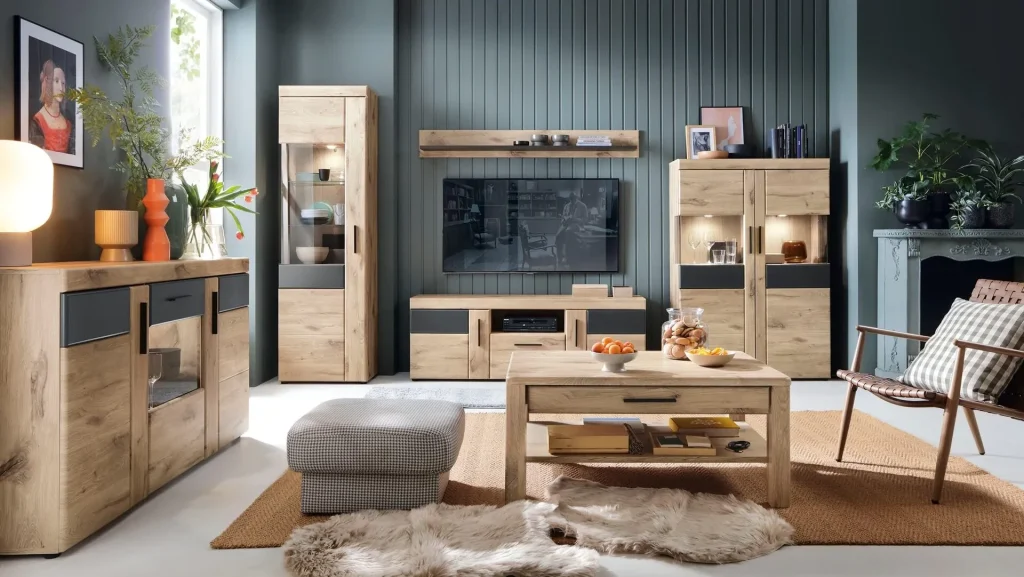 GRANO elemes bútorcsalád Viking tölgy és Space Grey színű nappali összeállításban